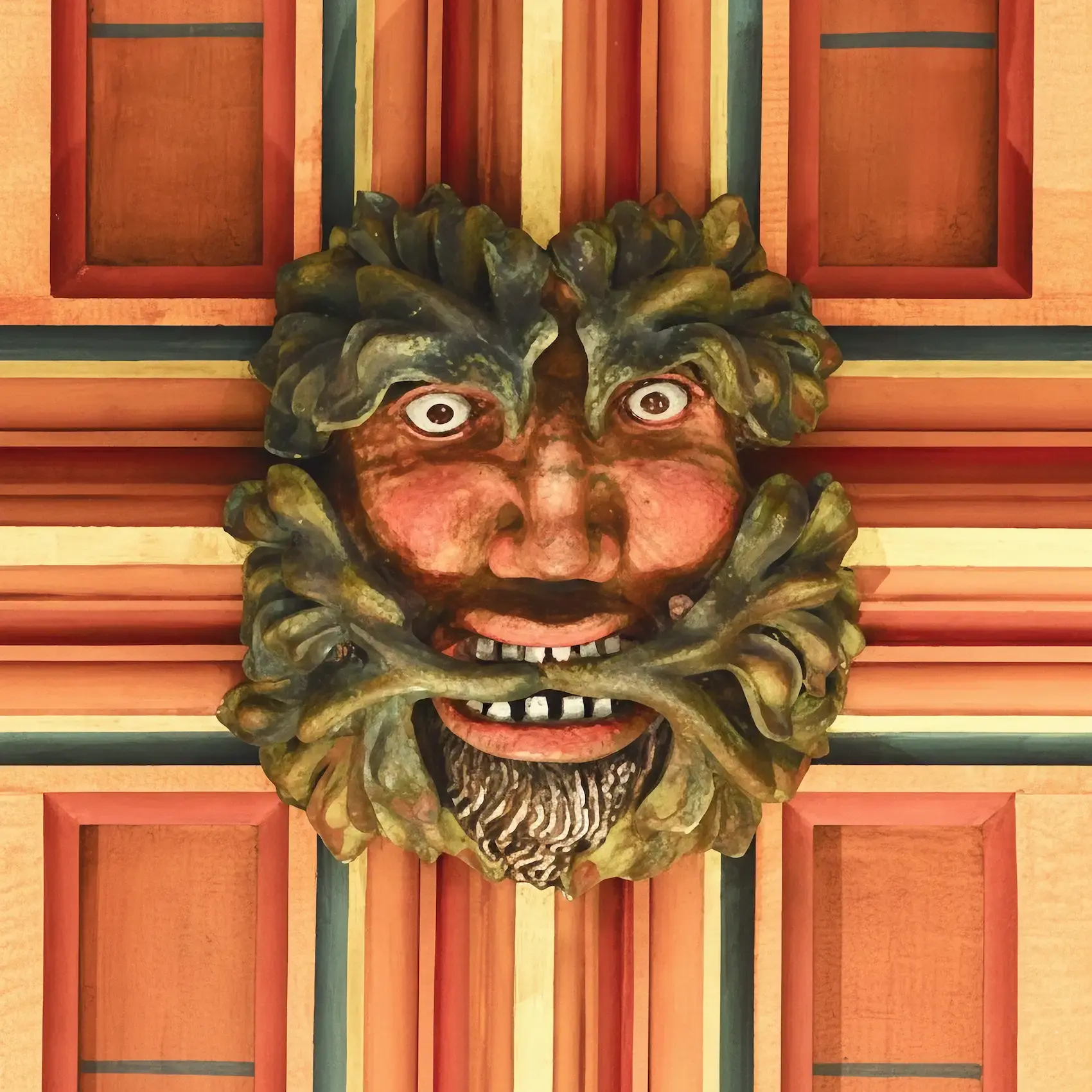 Painted wooden roof boss from Rochester Cathedral, Kent
